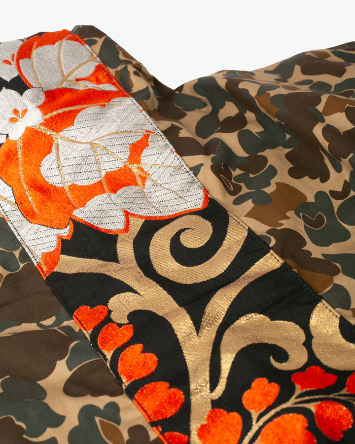 Kiriko Custom Military Jacket, Camo Patched, Kiri Karakusa Obi with Hishi Webbing, Asanoha, and Orange Pocket Flaps