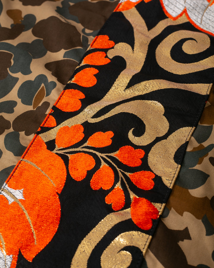 Kiriko Custom Military Jacket, Camo Patched, Kiri Karakusa Obi with Hishi Webbing, Asanoha, and Orange Pocket Flaps