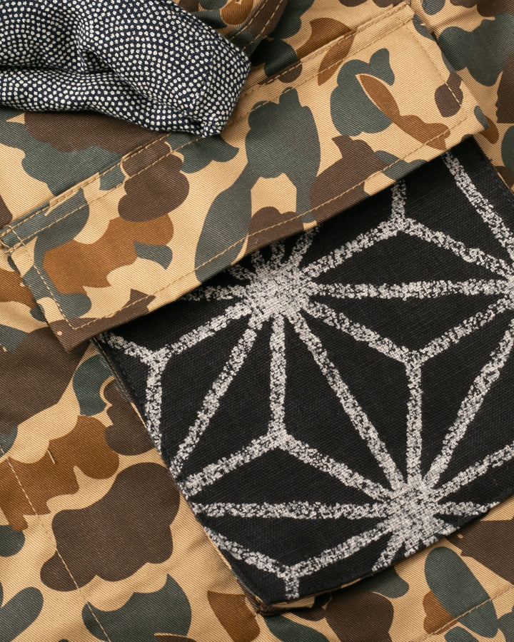 Kiriko Custom Military Jacket, Camo Patched, Kiri Karakusa Obi with Hishi Webbing, Asanoha, and Orange Pocket Flaps