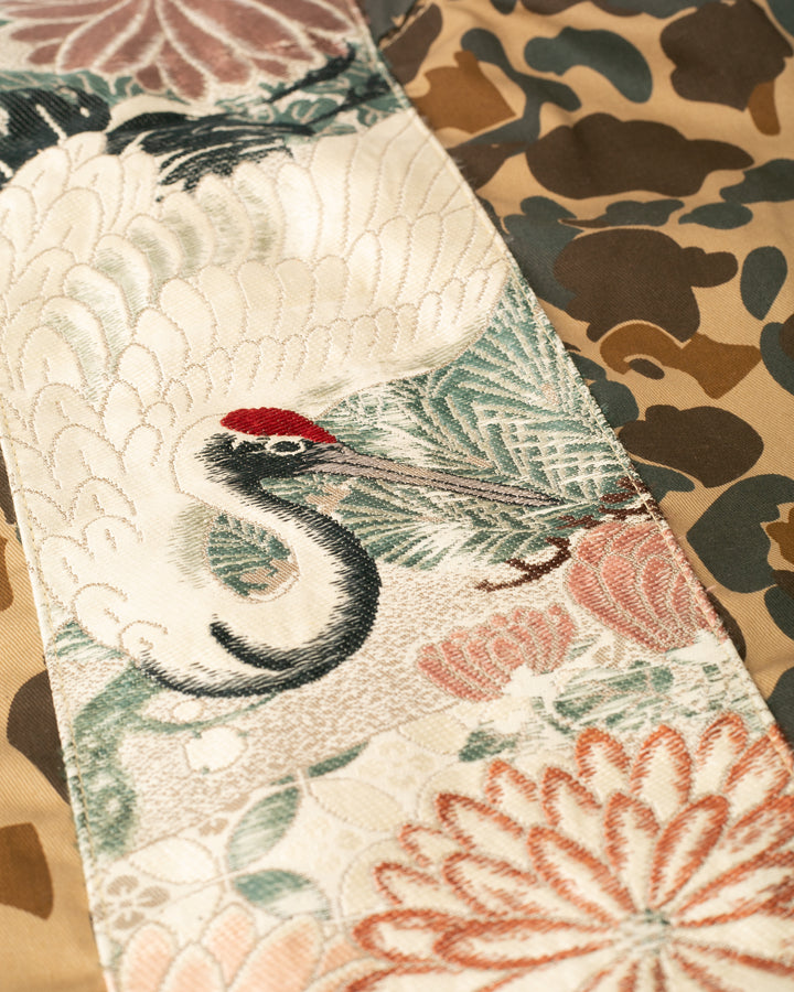 Kiriko Custom Military Jacket, Camo Patched, Crane and Chrysanthemum Obi with Hishi Webbing, Shippou, Asanoha, and Rust Pocket Flaps