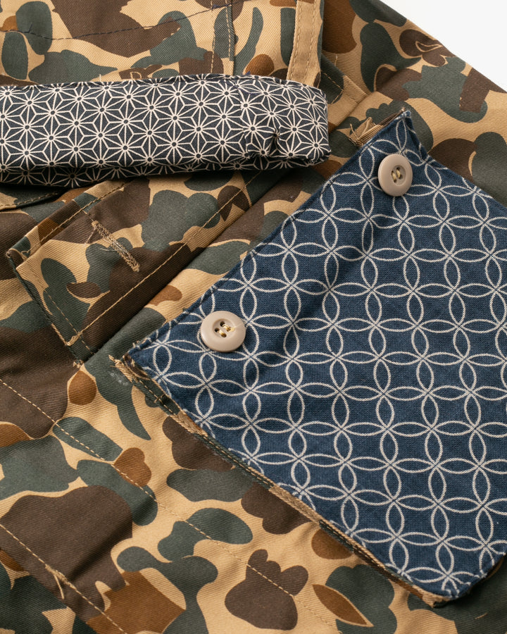 Kiriko Custom Military Jacket, Camo Patched, Crane and Chrysanthemum Obi with Hishi Webbing, Shippou, Asanoha, and Rust Pocket Flaps