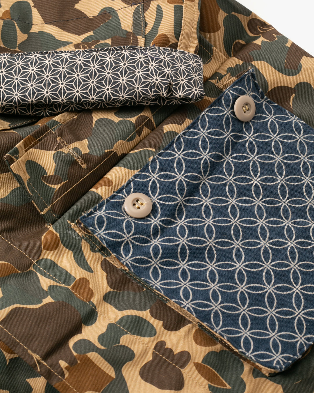 Kiriko Custom Military Jacket, Camo Patched, Crane and Chrysanthemum Obi with Hishi Webbing, Shippou, Asanoha, and Rust Pocket Flaps