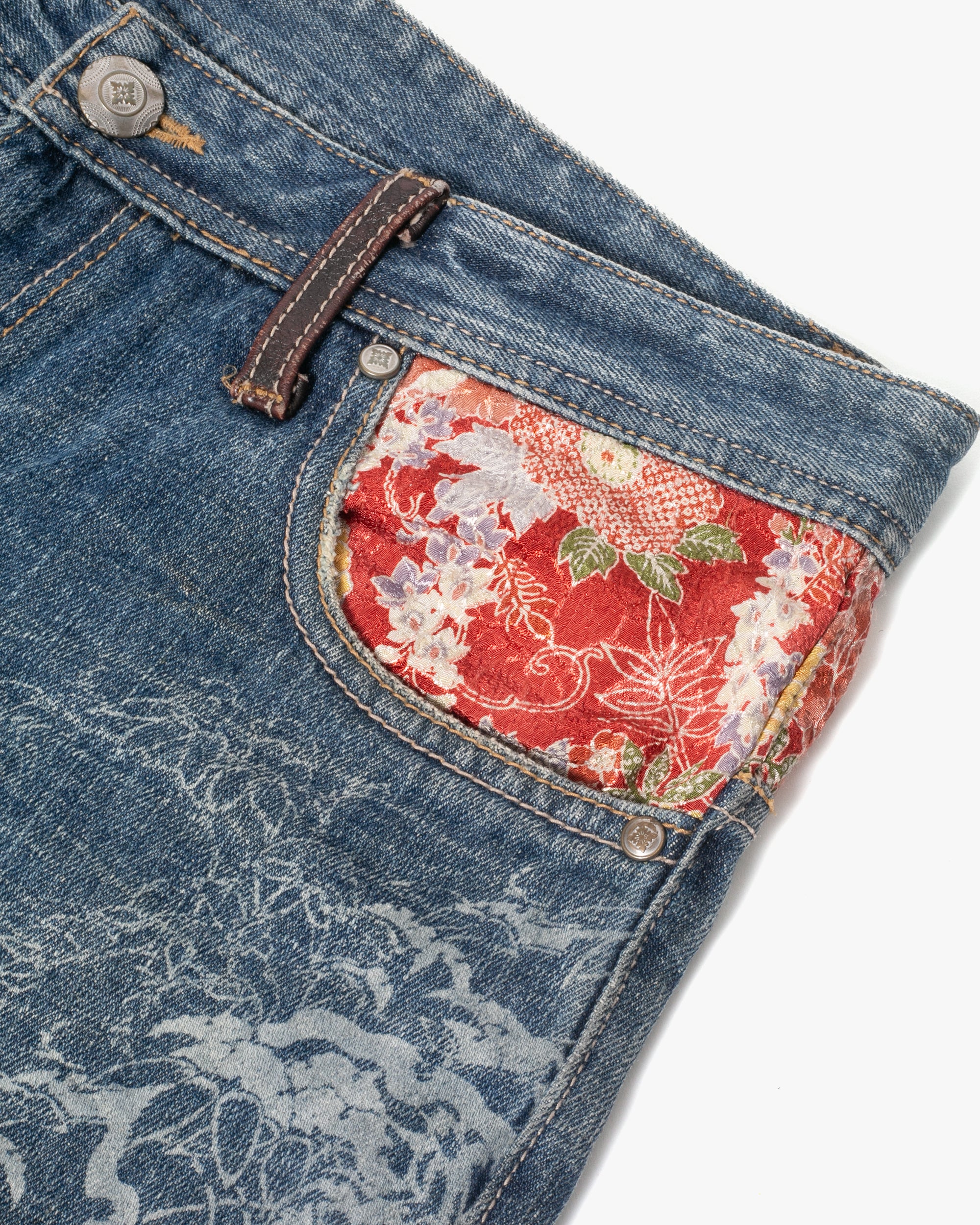 Japanese Repro Denim Jeans, Gumu, Floral Lining with Leather