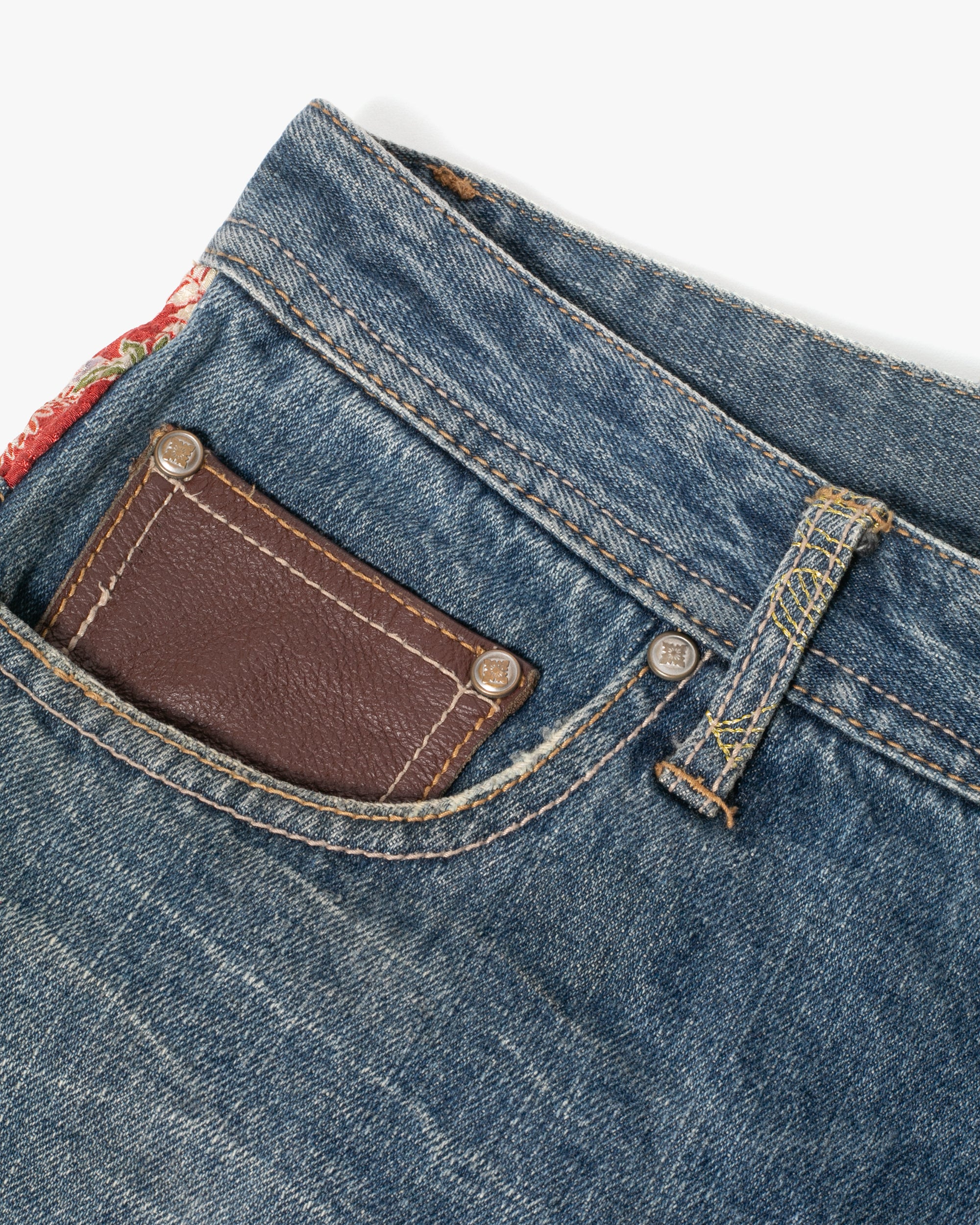 Japanese Repro Denim Jeans, Gumu, Floral Lining with Leather