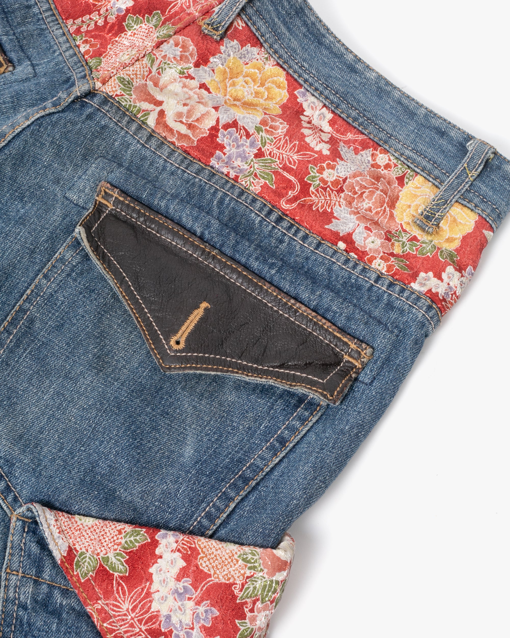 Japanese Repro Denim Jeans, Gumu, Floral Lining with Leather