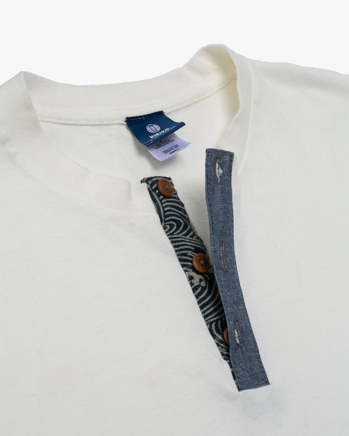 Kiriko Original Tee, 8oz Cotton, Henley Tee, Cream with Denim, Nami