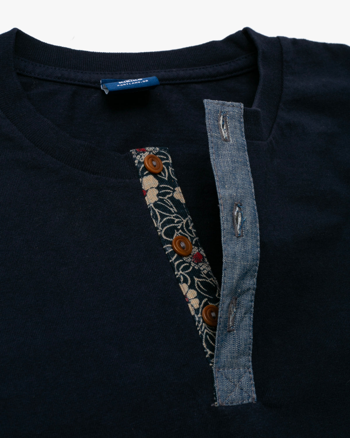 Kiriko Original Tee, 8oz Cotton, Henley Tee, Navy with Denim, Small Tsubaki