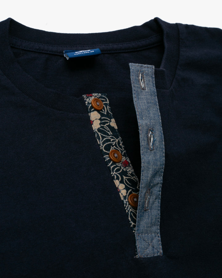 Kiriko Original Tee, 8oz Cotton, Henley Tee, Navy with Denim, Small Tsubaki