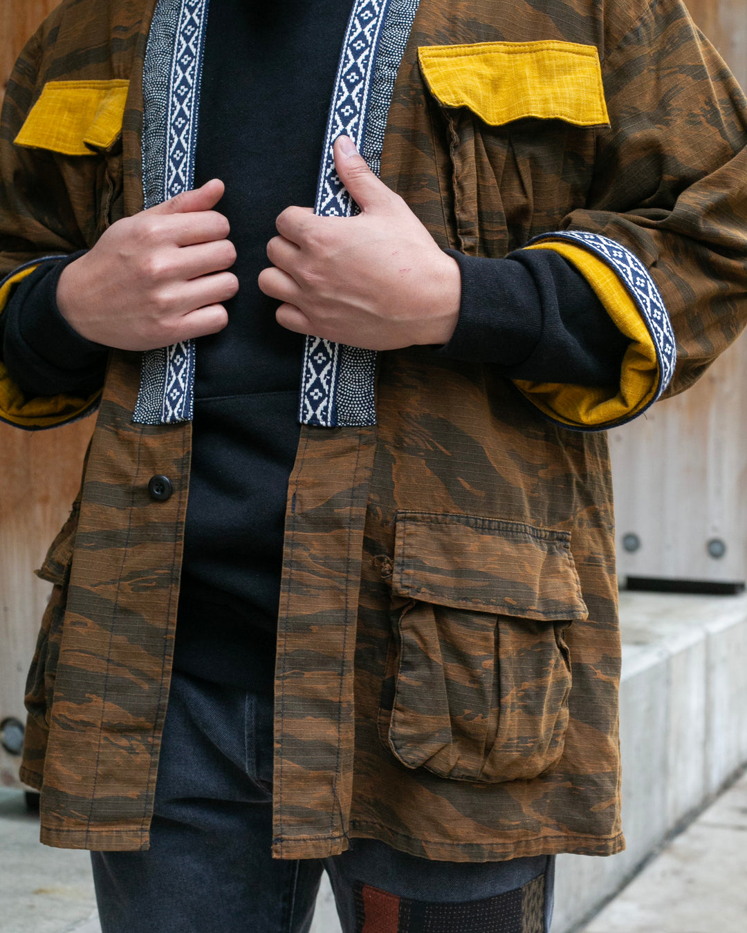 Kiriko Custom Military Jacket, Koi Dragon, Mustard Overdyed with Hishi Webbing Collar