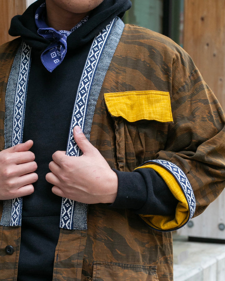 Kiriko Custom Military Jacket, Koi Dragon, Mustard Overdyed with Hishi Webbing Collar