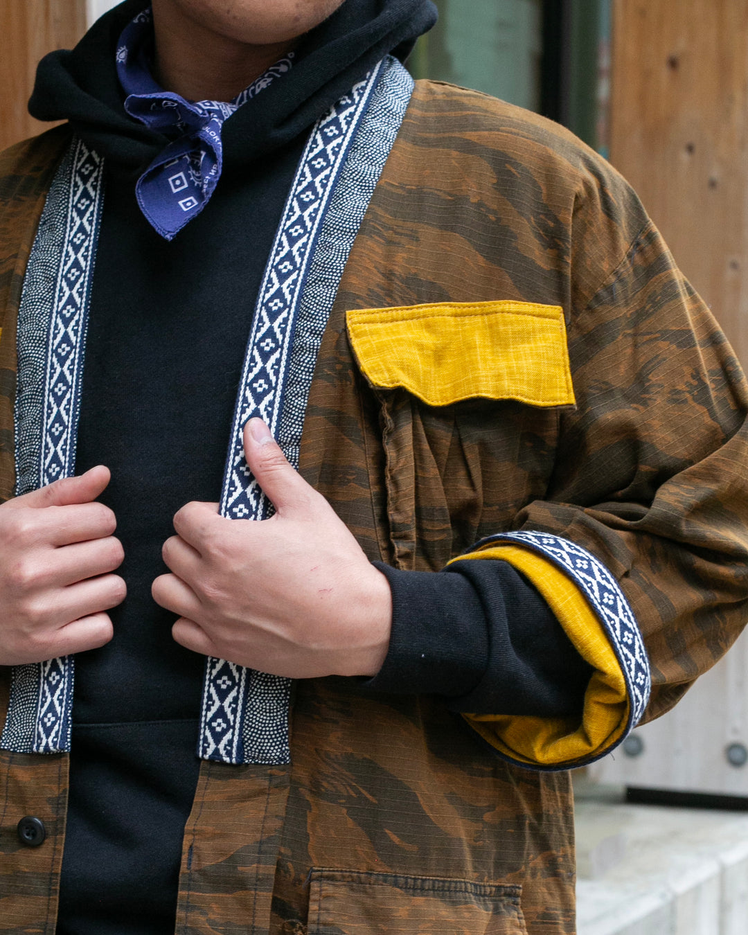 Kiriko Custom Military Jacket, Koi Dragon, Mustard Overdyed with Hishi Webbing Collar