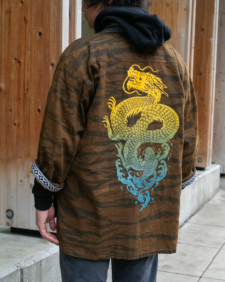 Kiriko Custom Military Jacket, Koi Dragon, Mustard Overdyed with Hishi Webbing Collar