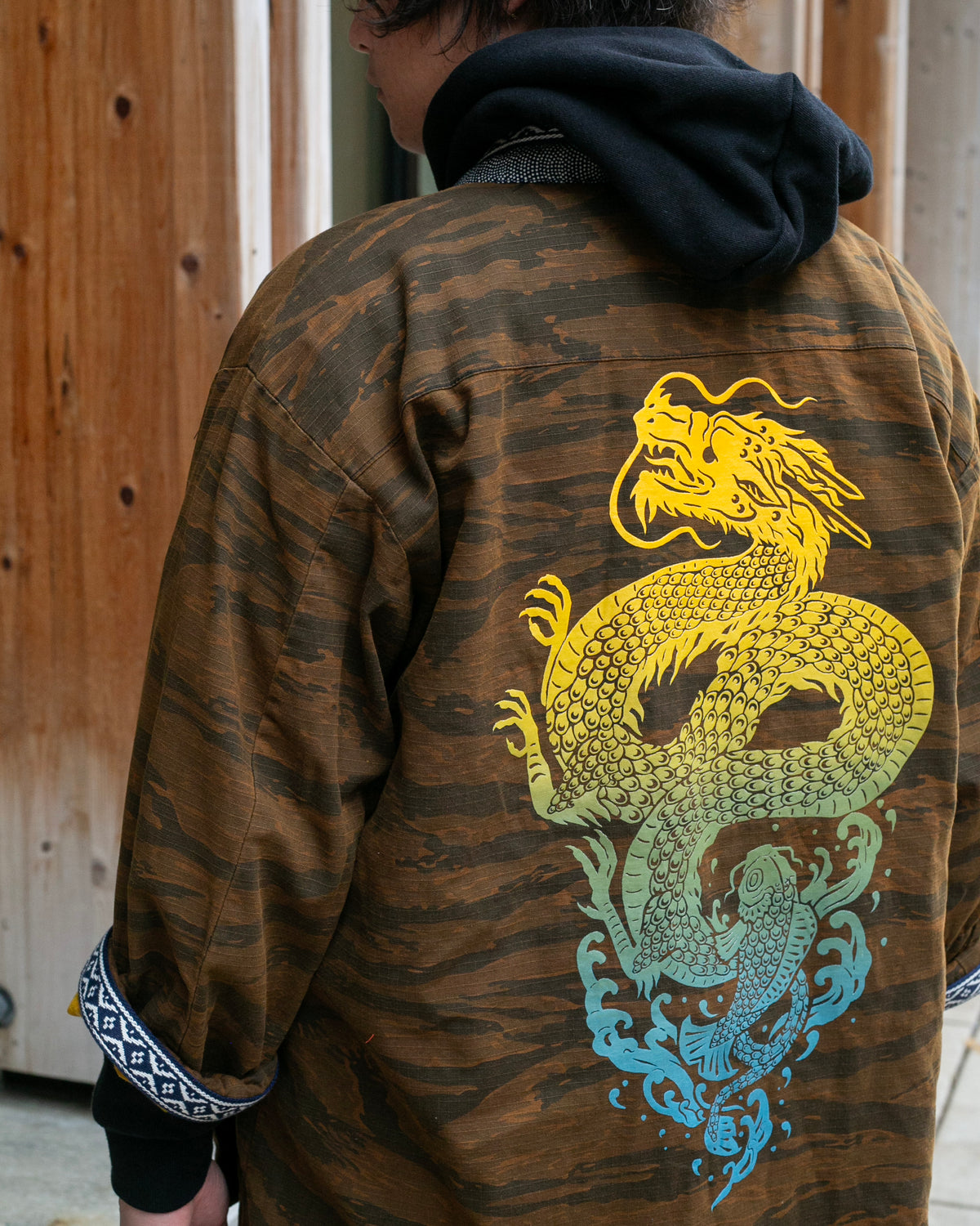 Kiriko Custom Military Jacket, Koi Dragon, Mustard Overdyed with Hishi Webbing Collar