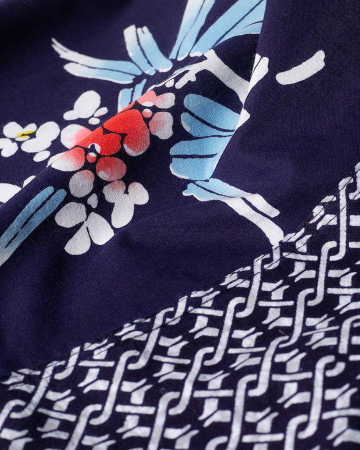 Kiriko Original Scarf, Split Yukata, Wide, Navy with Shima and Red Hydrangeas