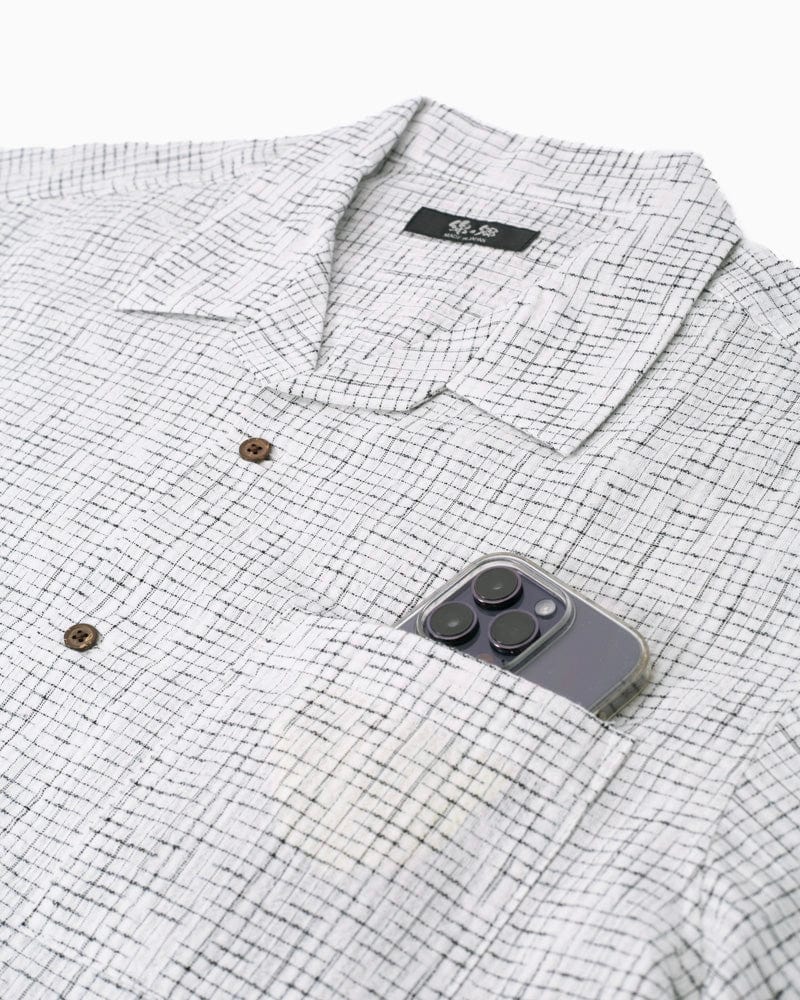 ToK Shirt, Short Sleeve Button-Up, Open Collar, White Grid