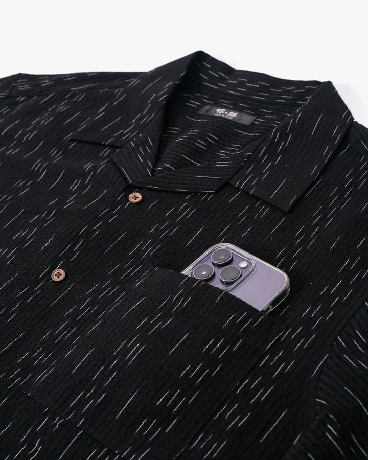 ToK Shirt, Short Sleeve Button-Up, Open Collar, Black Faded Shima