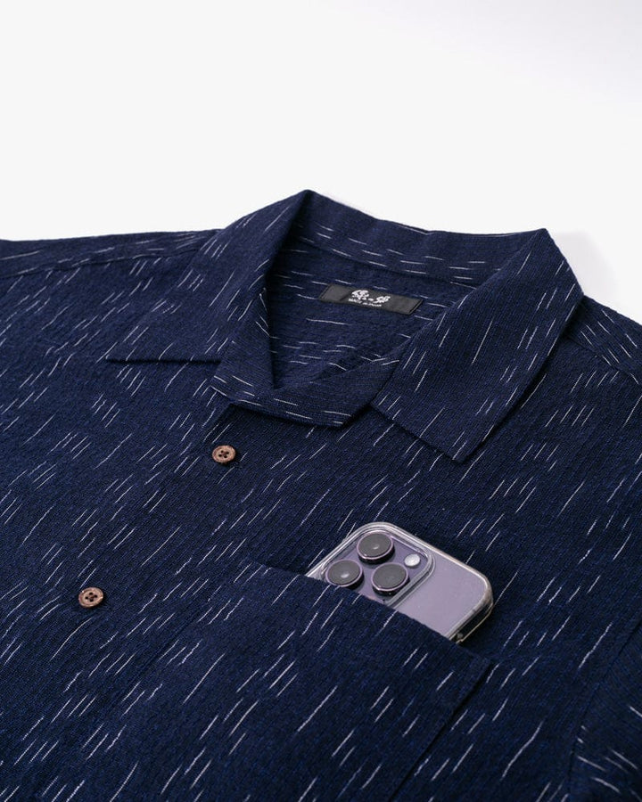 ToK Shirt, Short Sleeve Button-Up, Open Collar, Indigo Faded Shima