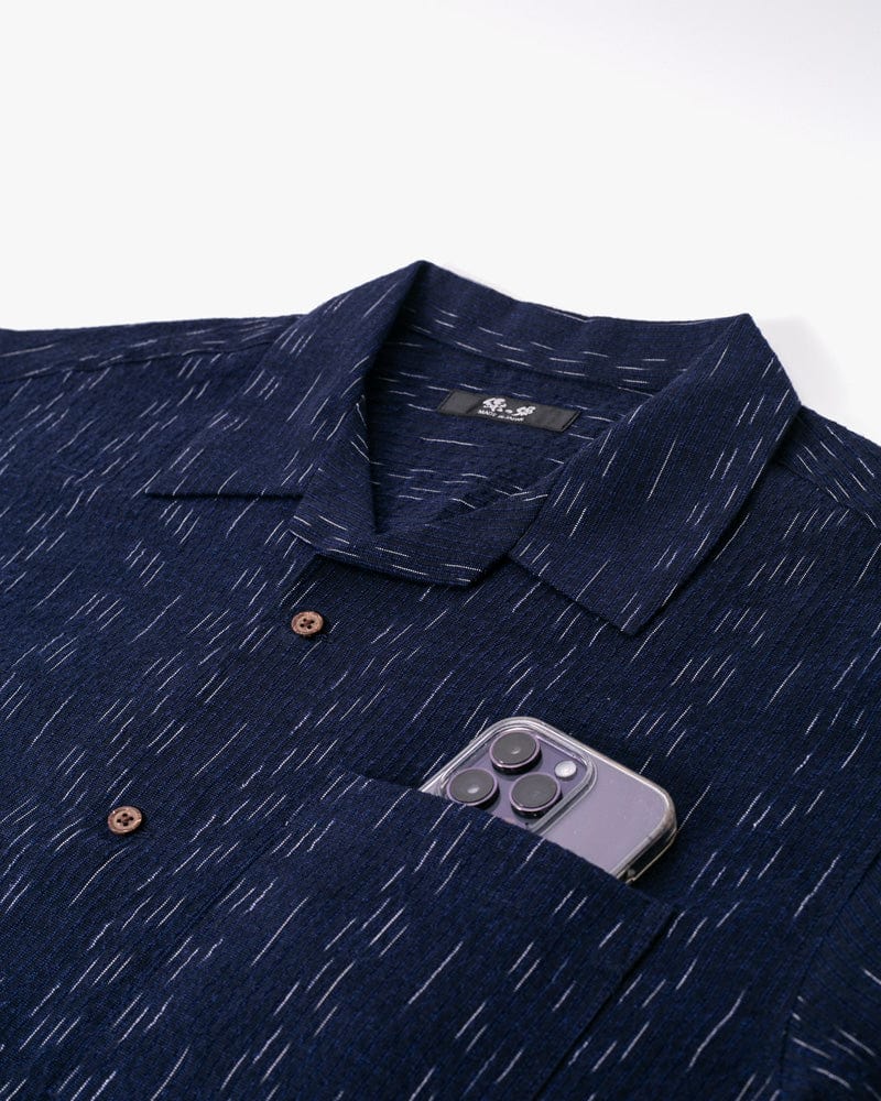ToK Shirt, Short Sleeve Button-Up, Open Collar, Indigo Faded Shima