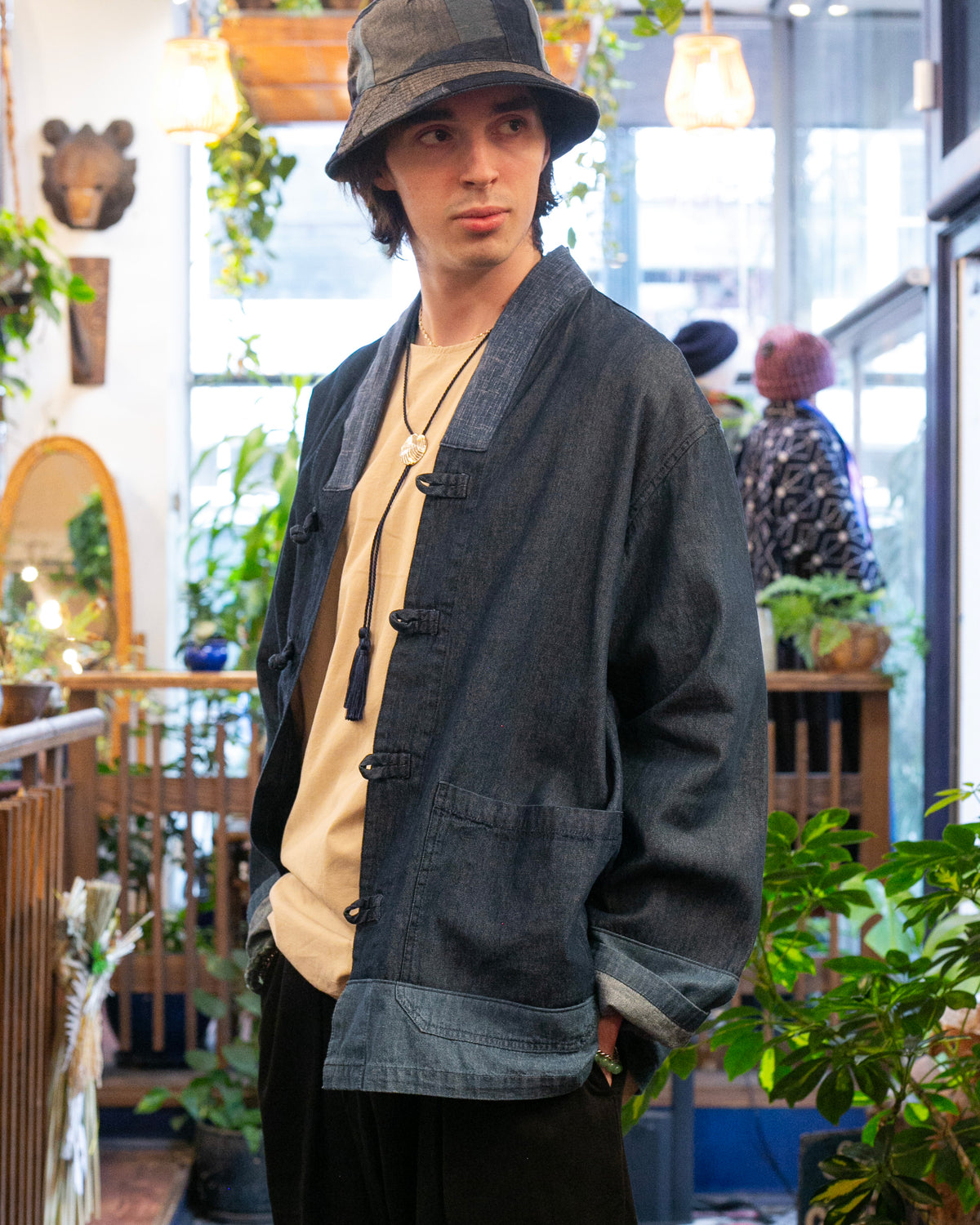 Kiriko Original Two Tone Denim Jacket, Mandarin Style, Dark Indigo with Light Indigo