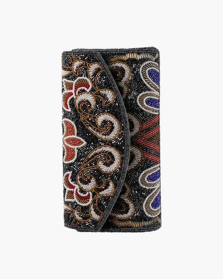 Vintage Bag, Clutch, Beaded, Black with Multicolor Floral Pattern
