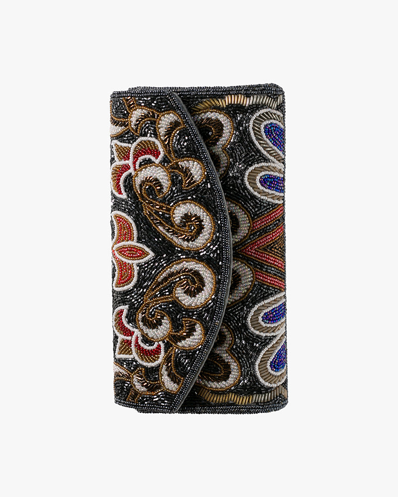Vintage Bag, Clutch, Beaded, Black with Multicolor Floral Pattern