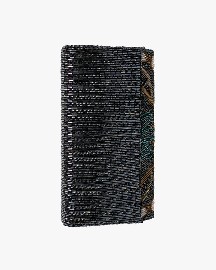 Vintage Bag, Clutch, Beaded, Black with Multicolor Floral Pattern