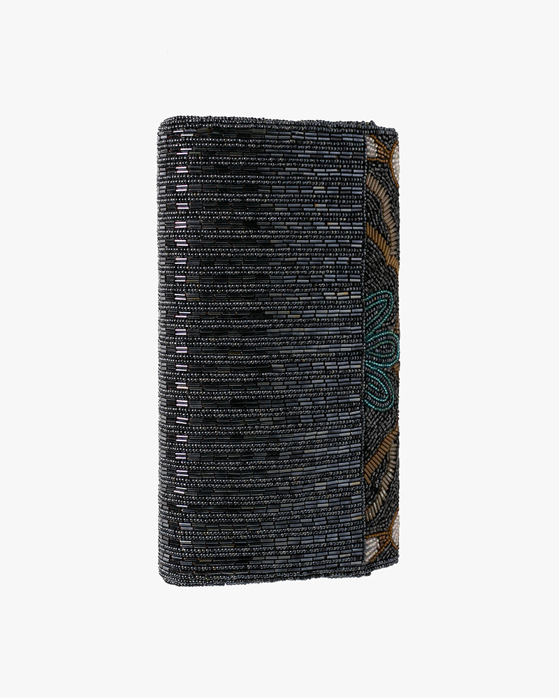 Vintage Bag, Clutch, Beaded, Black with Multicolor Floral Pattern