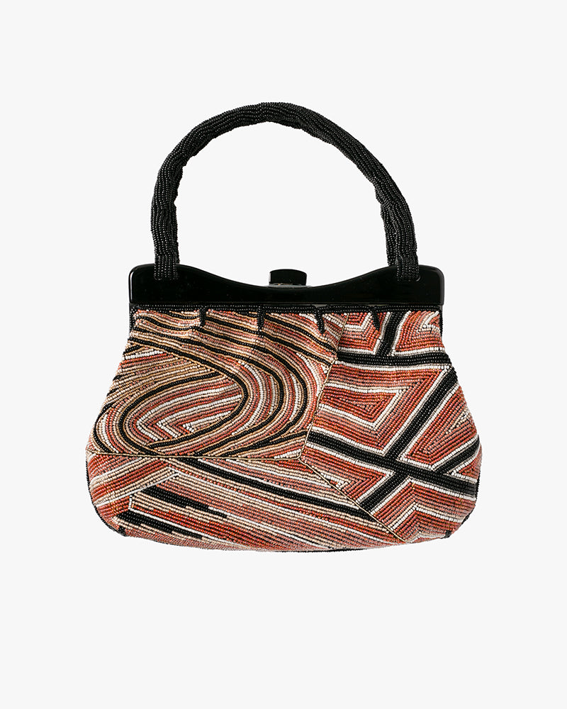 Vintage Bag, Purse, Beaded, Orange with Black and White Geometric