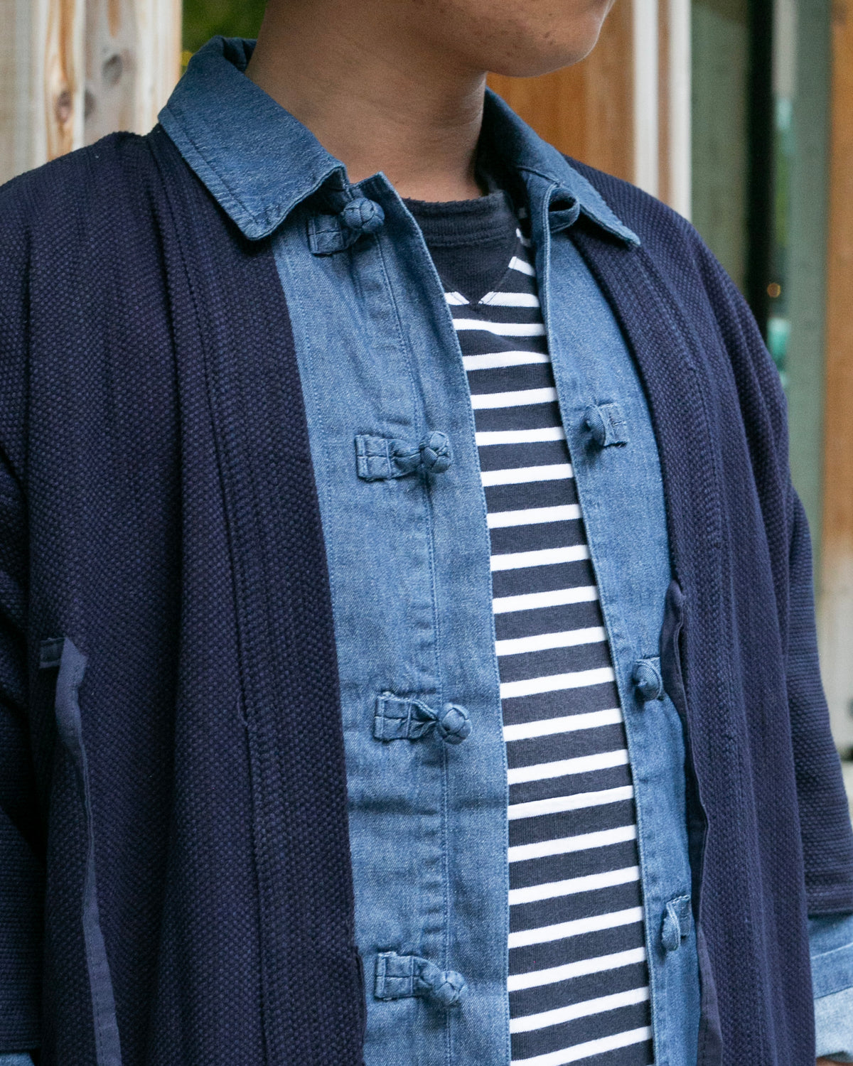 Kiriko Custom Kendo X Denim Mandarin Jacket, Dark Wash - L