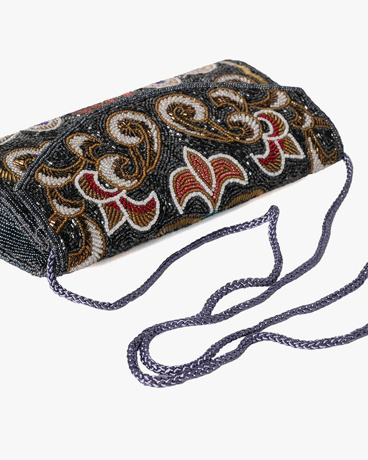 Vintage Bag, Clutch, Beaded, Black with Multicolor Floral Pattern