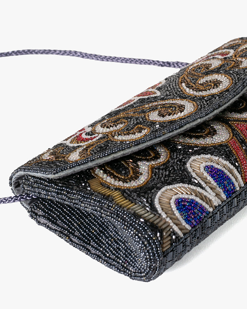 Vintage Bag, Clutch, Beaded, Black with Multicolor Floral Pattern