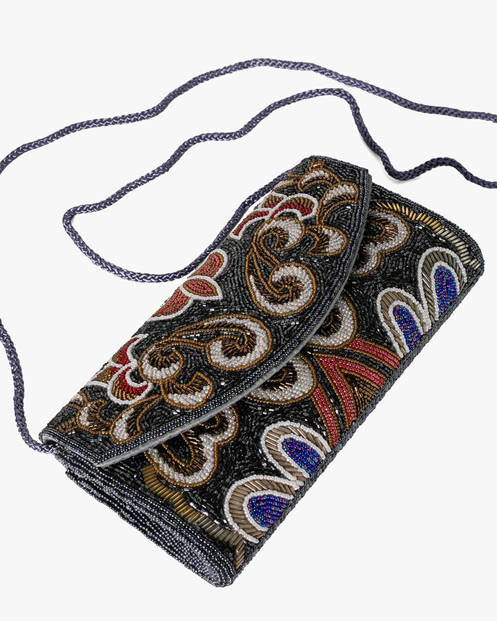 Vintage Bag, Clutch, Beaded, Black with Multicolor Floral Pattern
