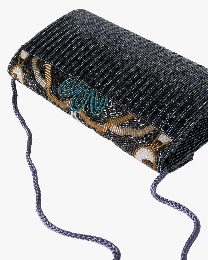 Vintage Bag, Clutch, Beaded, Black with Multicolor Floral Pattern