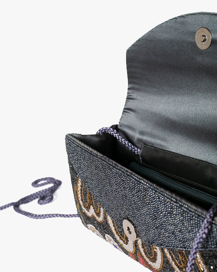 Vintage Bag, Clutch, Beaded, Black with Multicolor Floral Pattern