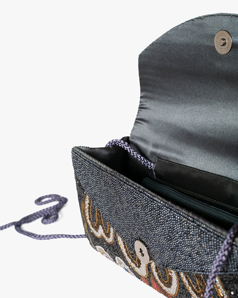 Vintage Bag, Clutch, Beaded, Black with Multicolor Floral Pattern