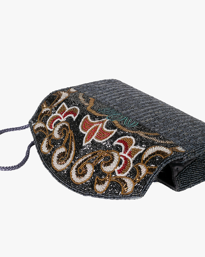 Vintage Bag, Clutch, Beaded, Black with Multicolor Floral Pattern