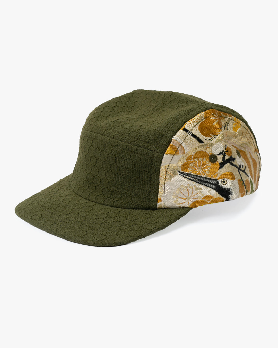 Kiriko Original Cap, 5-Panel, Kikkou Sashi-Ori &amp; Maru-Obi, Olive with Tsuru and Floral