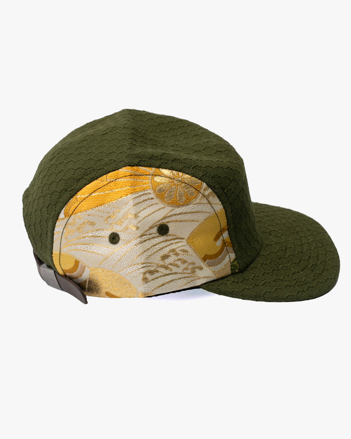 Kiriko Original Cap, 5-Panel, Kikkou Sashi-Ori &amp; Maru-Obi, Olive with Tsuru and Floral