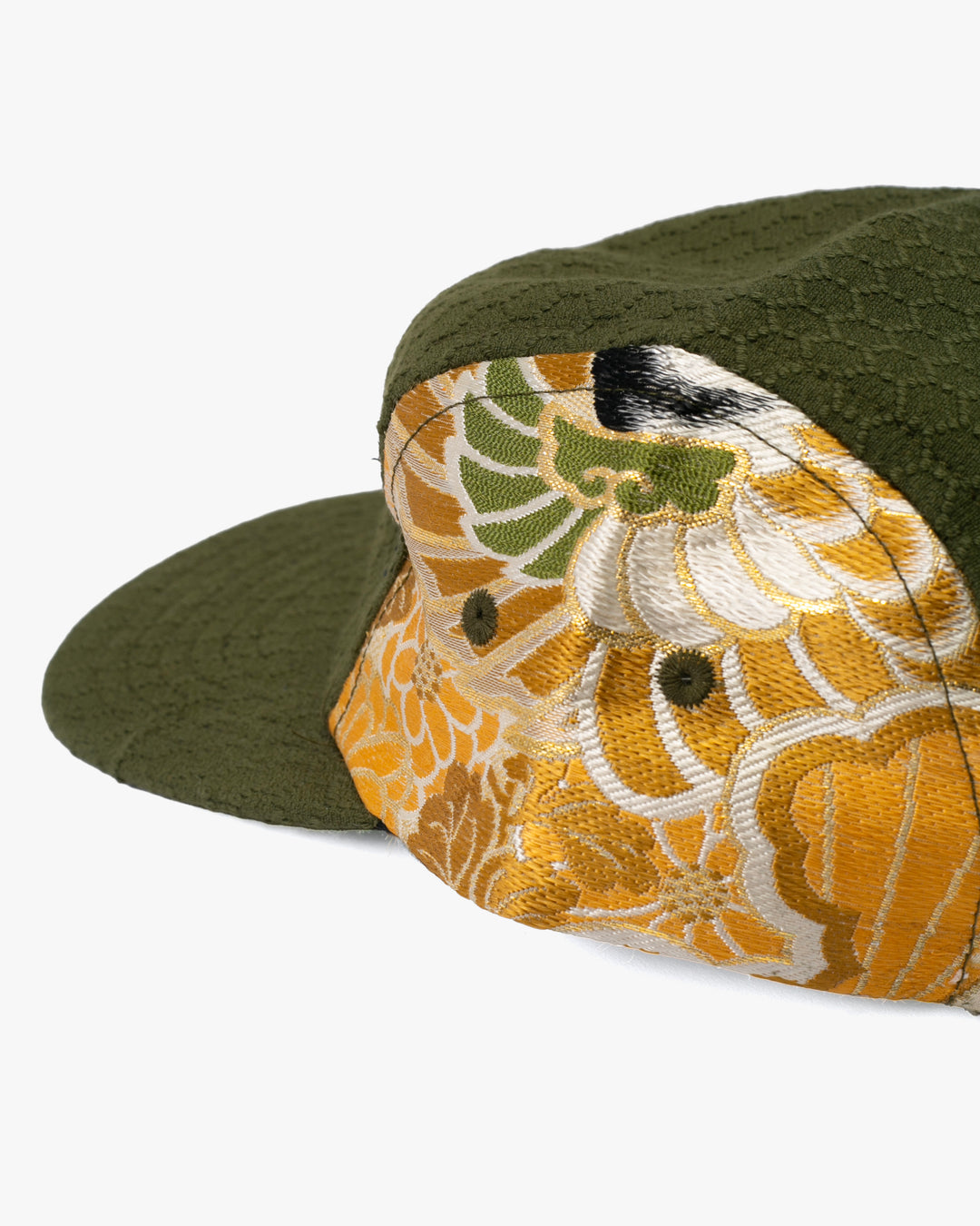 Kiriko Original Cap, 5-Panel, Kikkou Sashi-Ori &amp; Maru-Obi, Olive with Tsuru and Floral