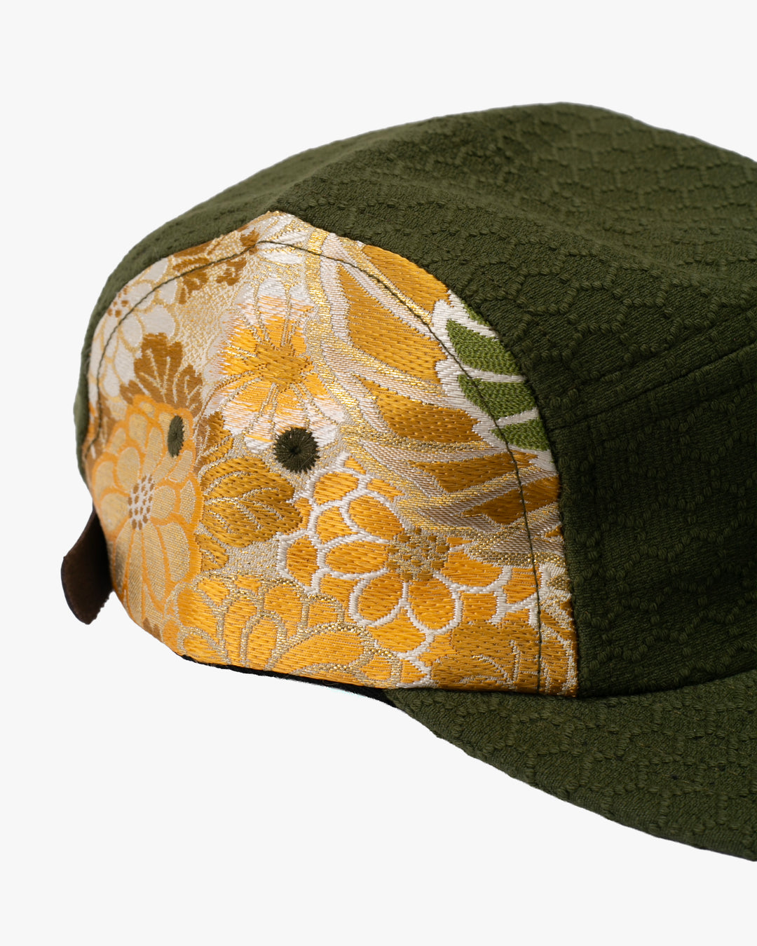 Kiriko Original Cap, 5-Panel, Kikkou Sashi-Ori &amp; Maru-Obi, Olive with Tsuru and Floral