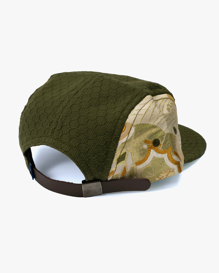 Kiriko Original Cap, 5-Panel, Kikkou Sashi-Ori &amp; Maru-Obi, Olive with Tsuru and Floral