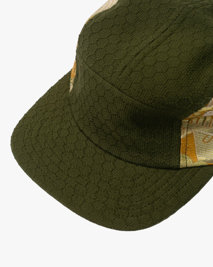 Kiriko Original Cap, 5-Panel, Kikkou Sashi-Ori &amp; Maru-Obi, Olive with Tsuru and Floral