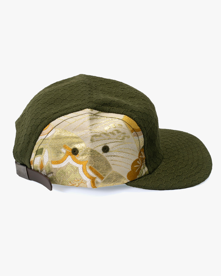 Kiriko Original Cap, 5-Panel, Kikkou Sashi-Ori &amp; Maru-Obi, Olive with Tsuru and Floral