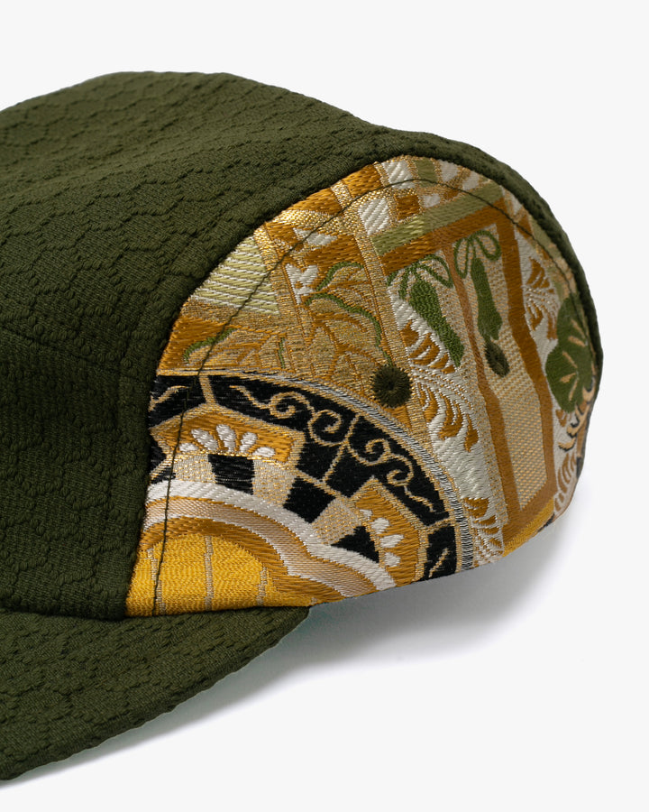 Kiriko Original Cap, 5-Panel, Kikkou Sashi-Ori &amp; Maru-Obi, Olive with Tsuru and Floral