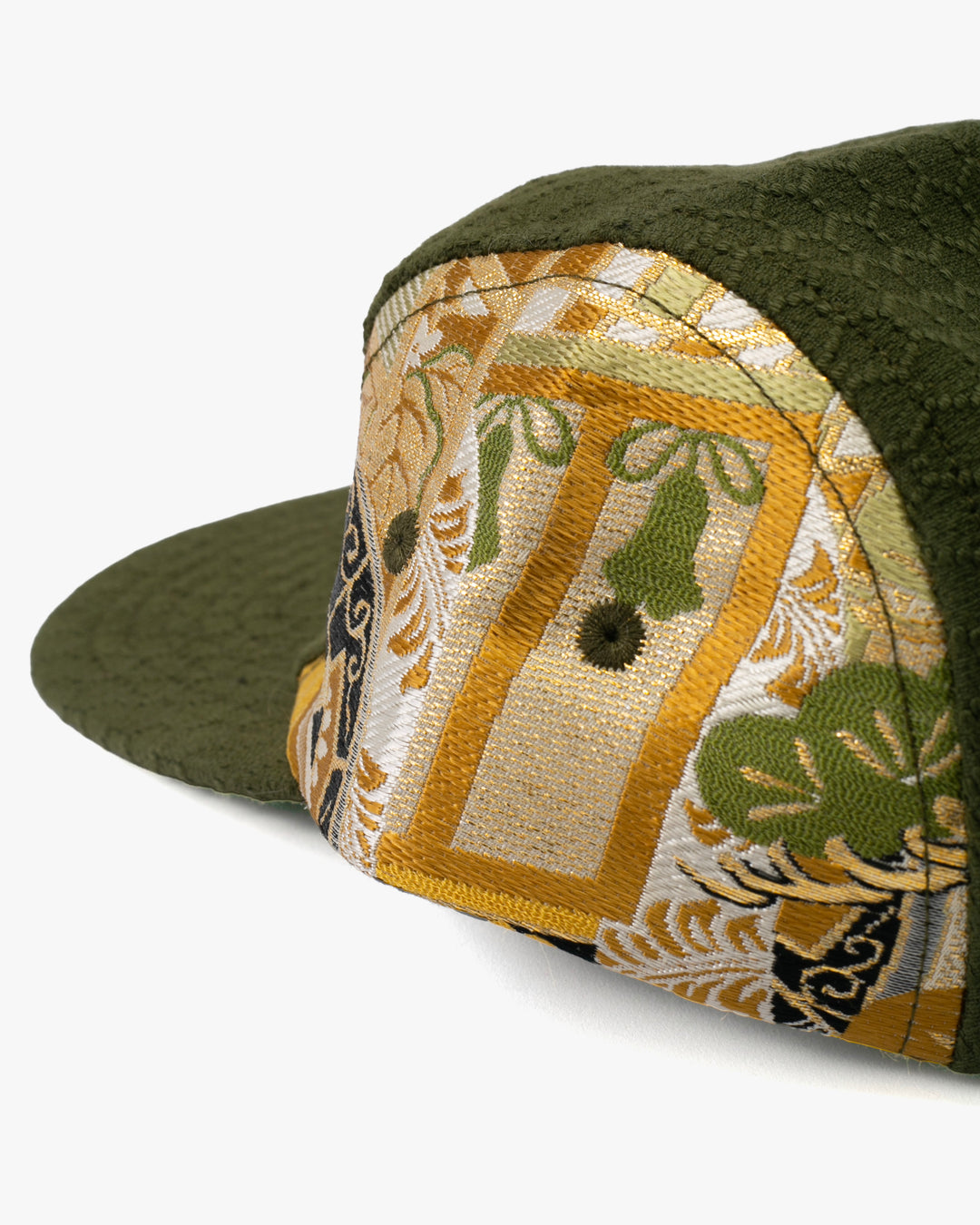 Kiriko Original Cap, 5-Panel, Kikkou Sashi-Ori &amp; Maru-Obi, Olive with Tsuru and Floral