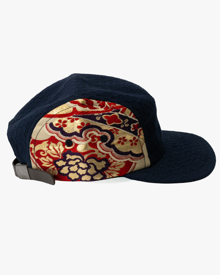 Kiriko Original Cap, 5-Panel, Kikkou Sashi-Ori &amp; Maru-Obi, Navy with Gold Floral