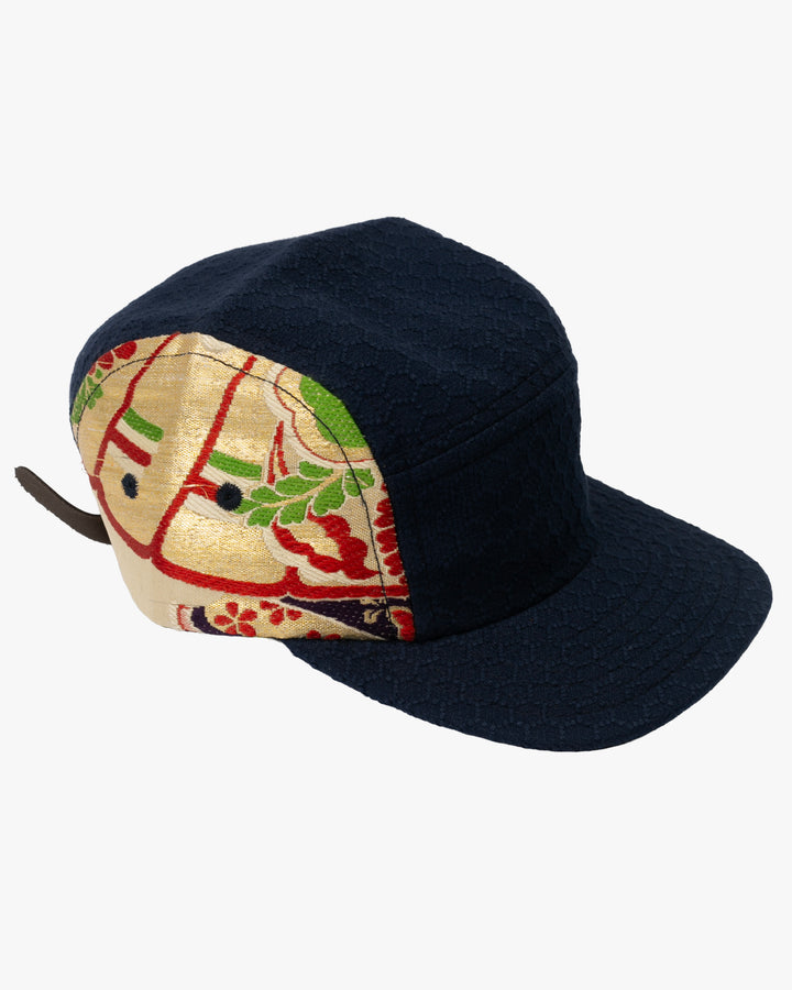 Kiriko Original Cap, 5-Panel, Kikkou Sashi-Ori &amp; Maru-Obi, Navy with Gold Floral