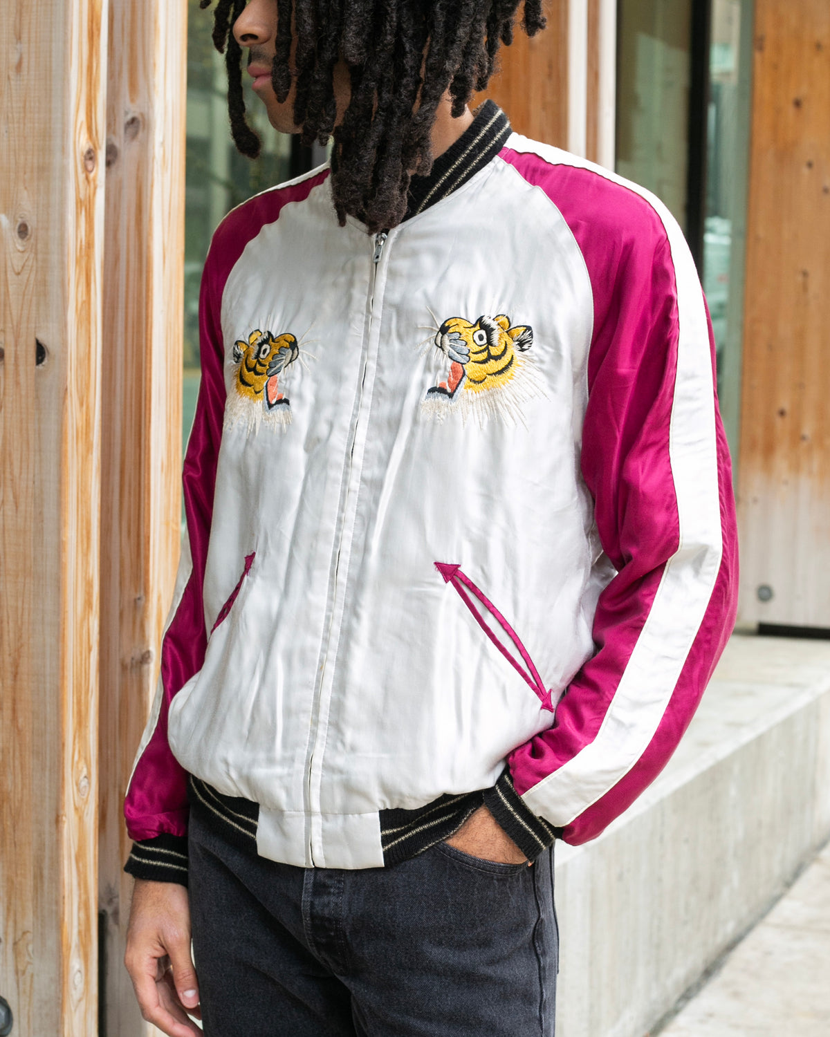 Japanese Repro Souvenir Jacket, Reversible, L, Silver with Map and Animals