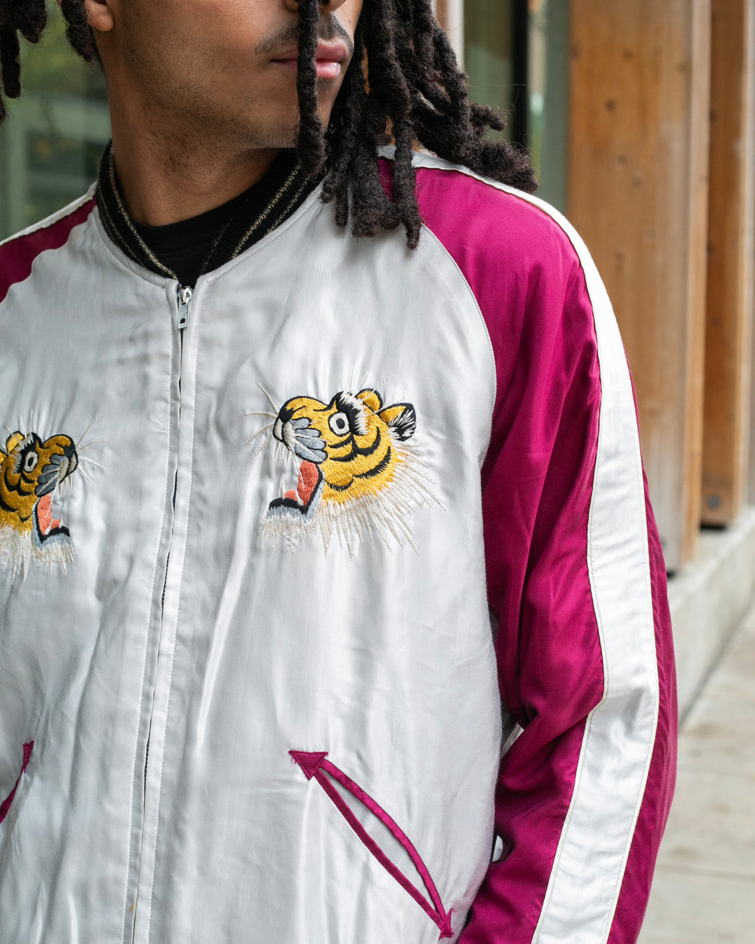 Japanese Repro Souvenir Jacket, Reversible, L, Silver with Map and Animals