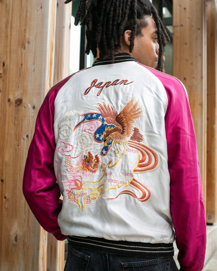 Japanese Repro Souvenir Jacket, Reversible, L, Silver with Map and Animals